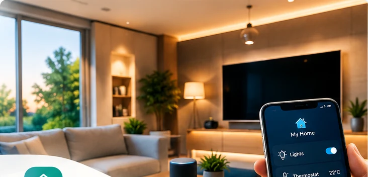 Modern living room with connected smart-home controls