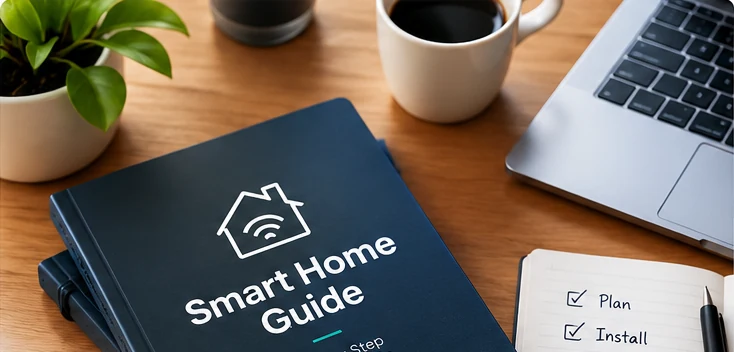 Smart home guidebook, laptop, and planning notebook on a desk
